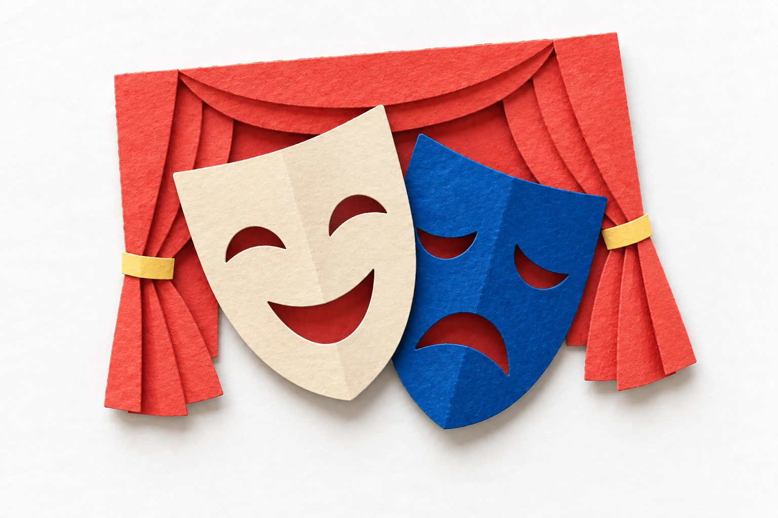 Papirkollasj av teatermasker og sceneteppe